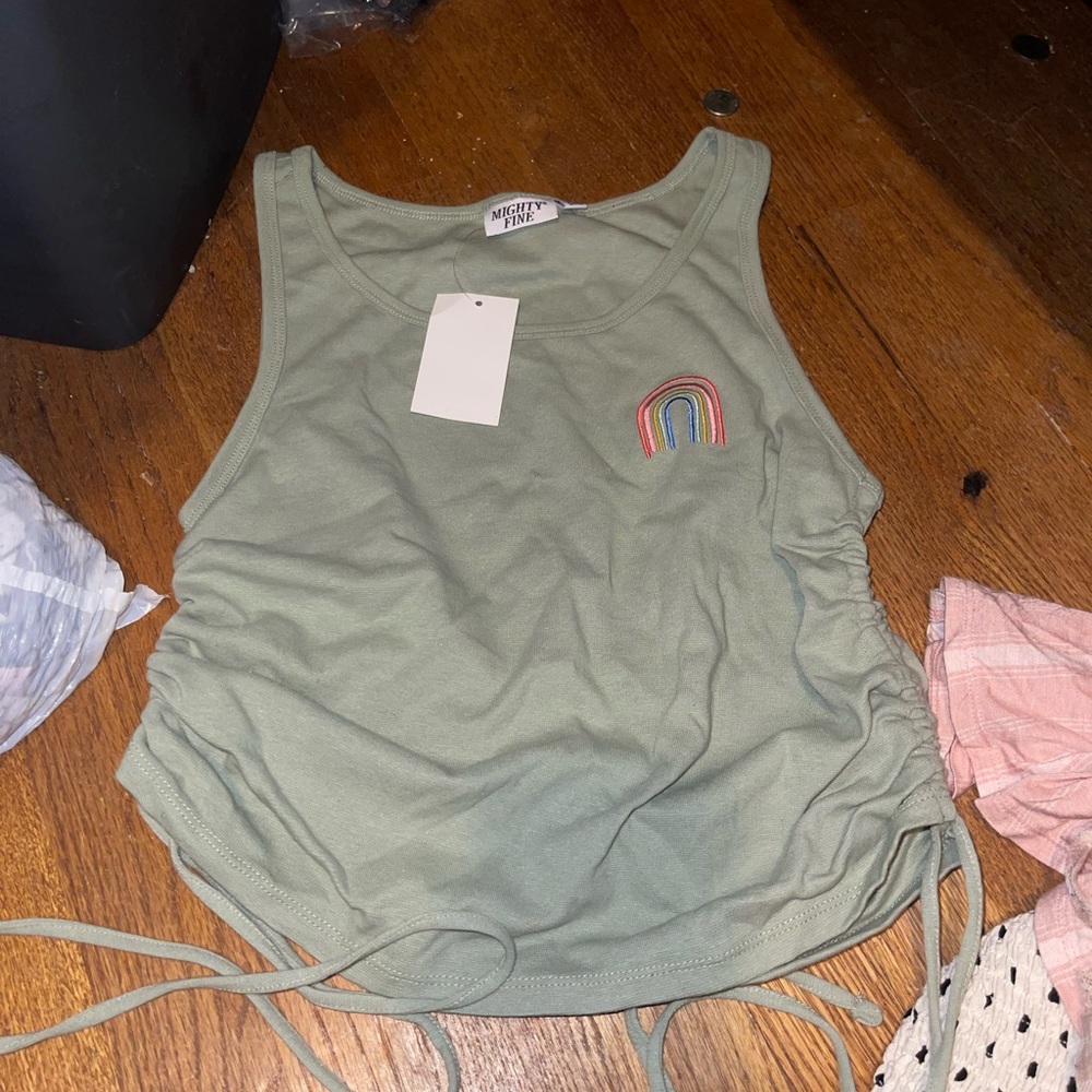 Light Jade green Mighty Fine tee with cute sewed in rainbow